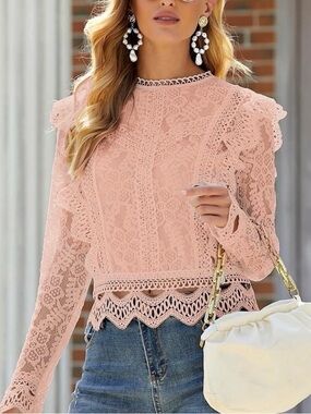 Flawless Blush Pink Lace Crochet-Trim Blouse, Size M, NWOT